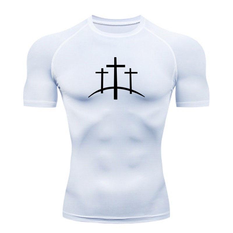 Men's Compression Fitness Sports T-Shirt, Three Calvary Cross Print Quick Dry Breathable Athletic Workout Tee for Running Training Gym Activewear