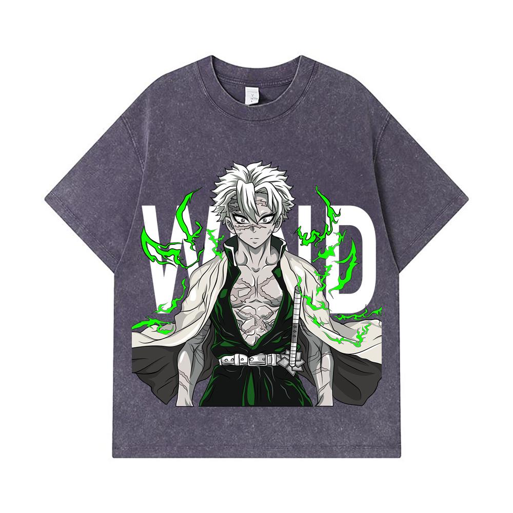 275 GSM Gewassen T-shirts 100% Katoen Demon Slayer V115 Sanemi Print Unisex Zwaar Katoenen T-shirt