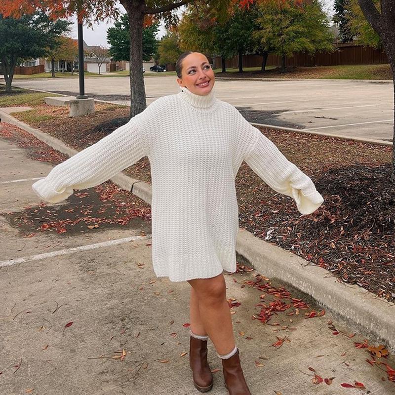 Casual Knitted Pullover Dress Women Turtleneck Long Sleeve Ribbed Female Sweater Autumn Winter Fashion Lady Warm Outwears