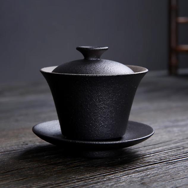 1pcs Coarse Pottery Covered Bowl Chinese Tea Set High-end Retro Gilded Rust Glazed Tea Cup Gaiwan