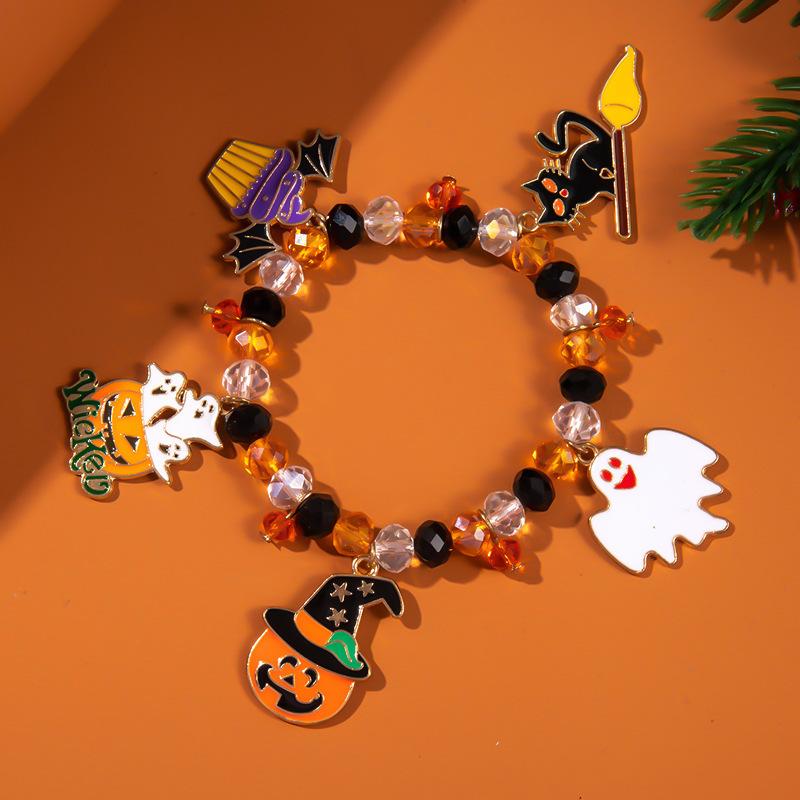 Halloween Beaded Stretch Bracelet for Women Ghost Pumpkin Spider Cat Witch Charm Costume Jewelry