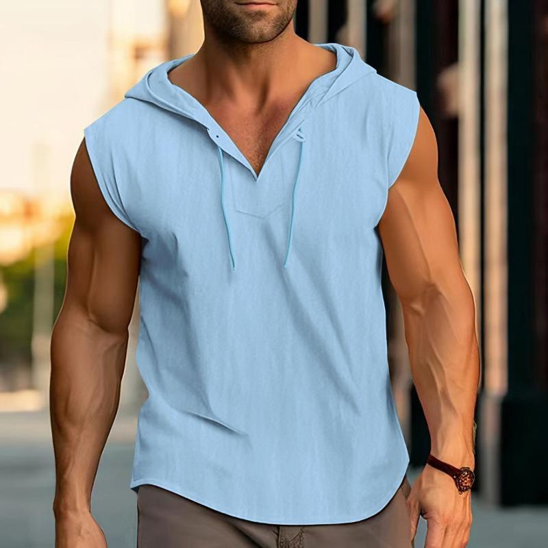 Men Linen Cotton Sleeveless Hoodie Henley Neck Casual Beach Tank Top S синий