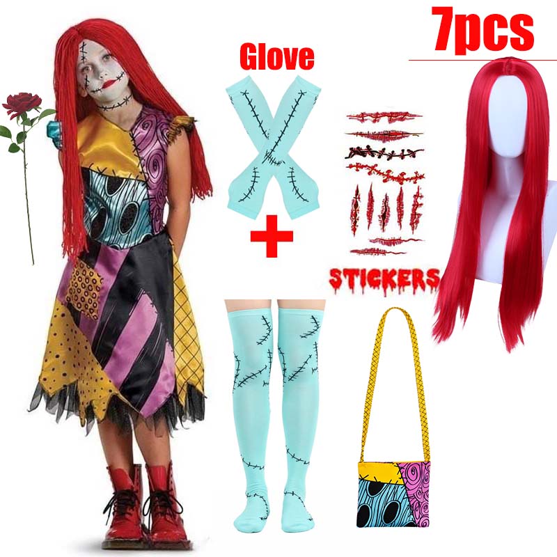Kids Girls Boys Cosplay Christmas Eve Scary Ghost Bride Sally Skeleton Jack Dress Striped Halloween Character Dress Up Costume