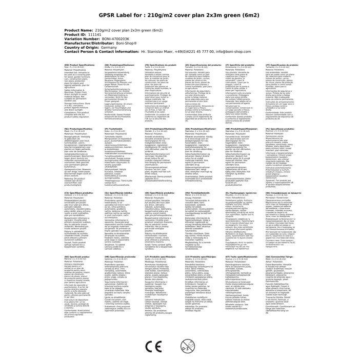 Bâche de couverture 210g/m² 2x3m verte (6m²)