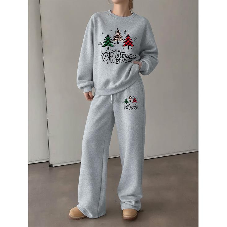 Women's Christmas Print Crewneck Sweatshirt & Drawstring Pants Set - Loose Casual Holiday Two-Piece