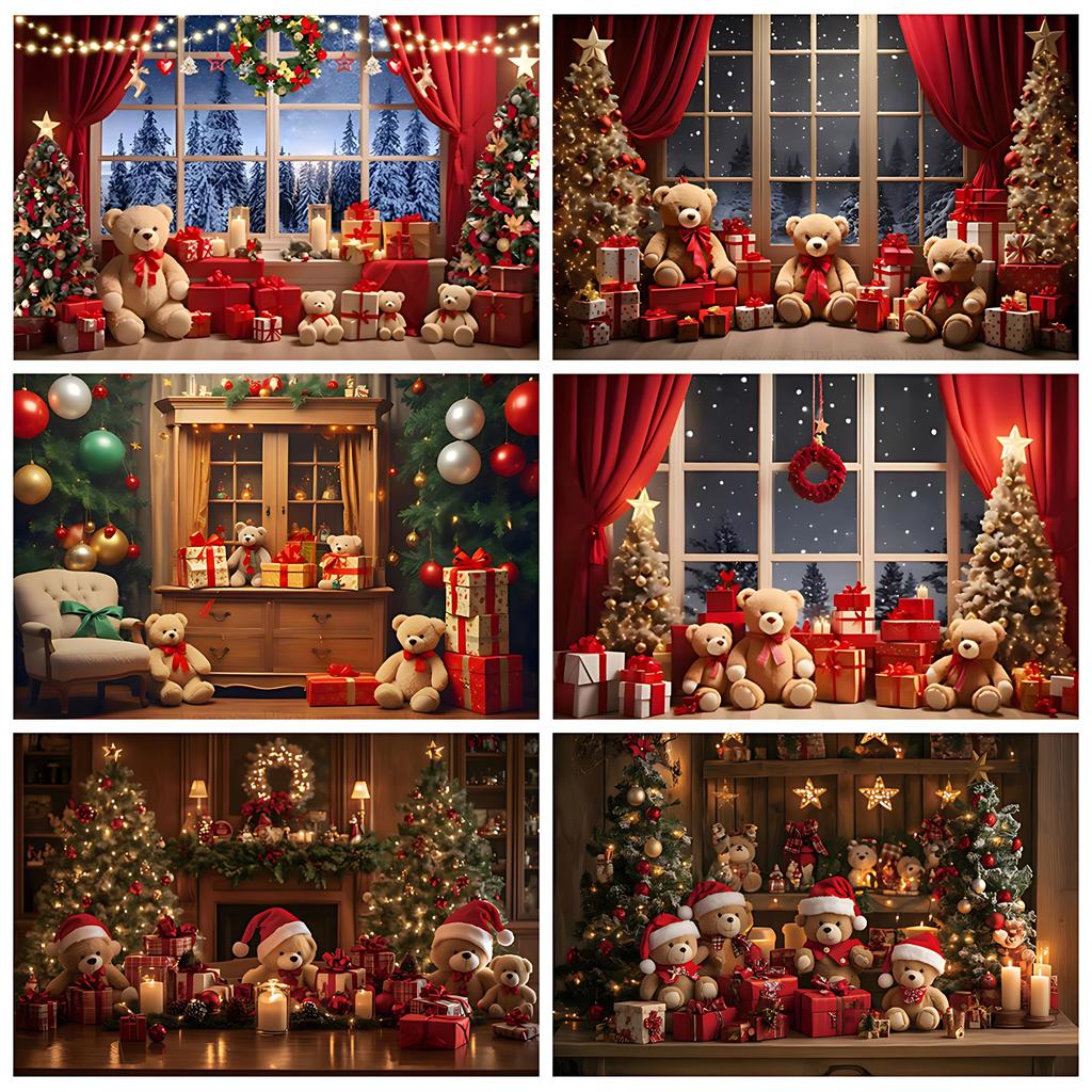 Christmas Teddy Bear Background Xmas Tree Toy Bear for Winter Window Room Outdoor Decoration Banner Kids Portrait Photo Props