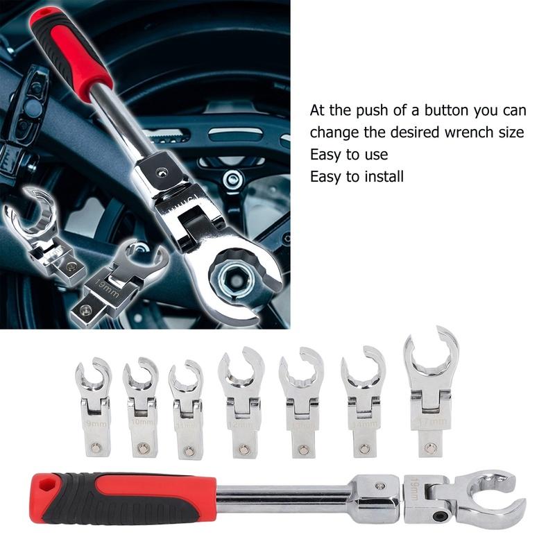 9Pcs Replaceable Wrench Set Flexible Head 180° Rotating Torsion Wrench with Handle