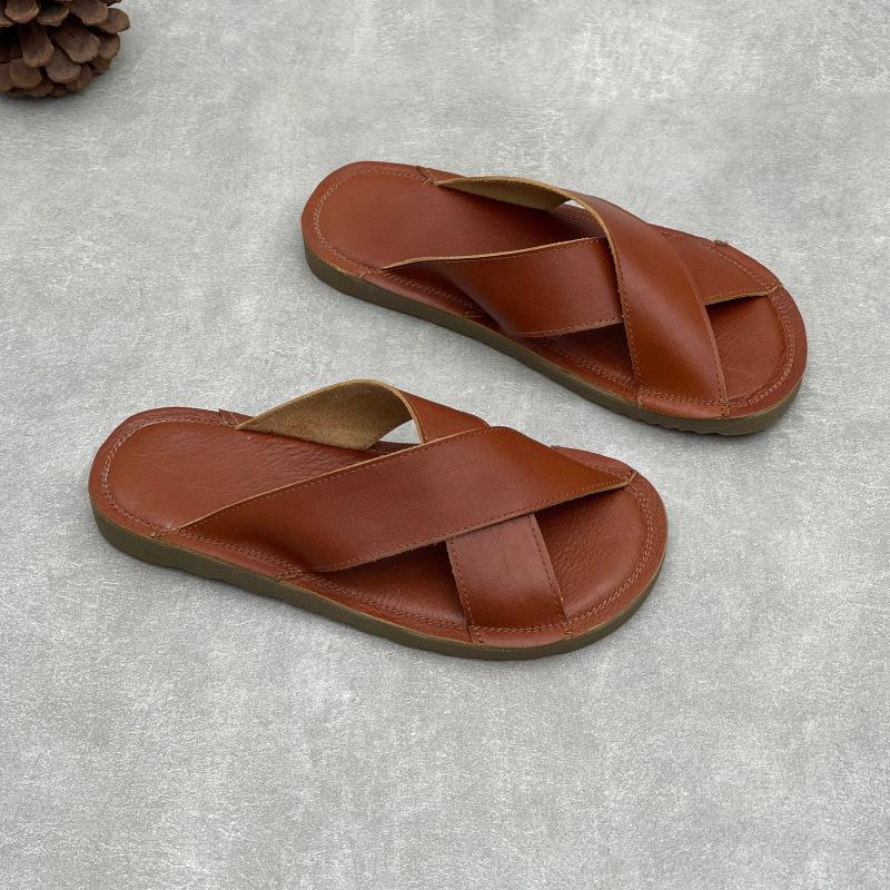 Johnature Handmade Genuine Leather Flat Slippers Soft Cowhide Soft Sole Comfortable Women's Outdoor Slides