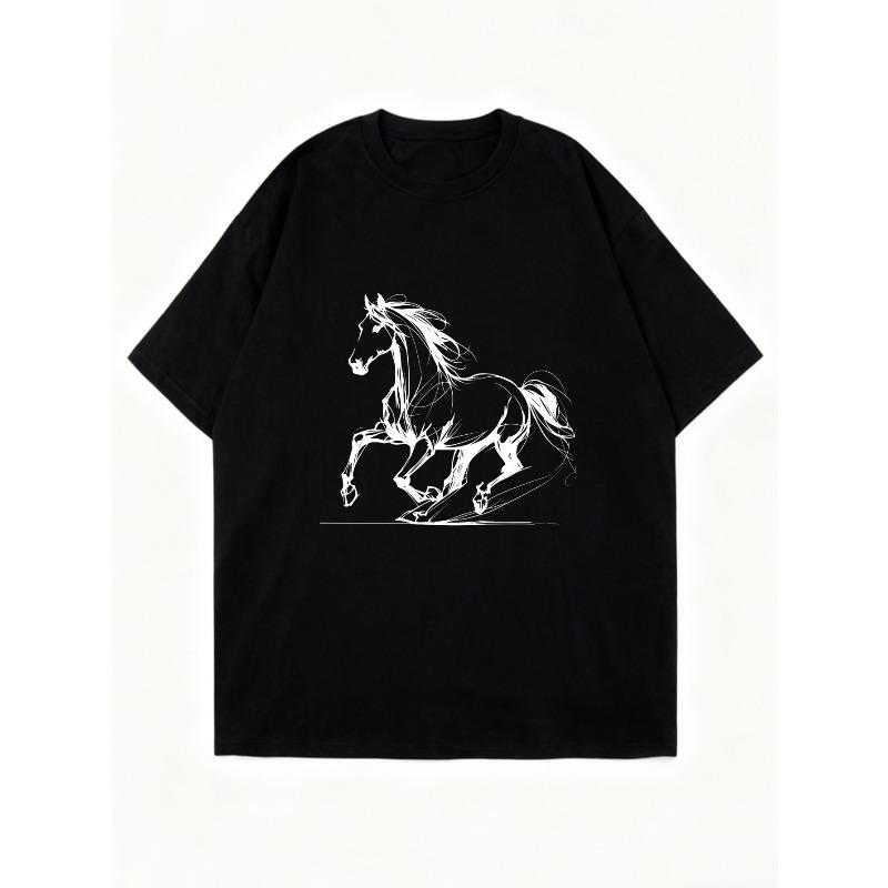 Oversize'owa Sukienka T-shirt Czarna z Nadrukiem Konia Casualowy Streetwear Moda Damski Top Do Codziennego Noszenia I Na Wyjścia