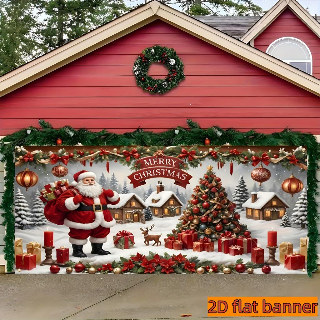 2D flat banner, Christmas garage banner, winter snow scenery town background wall, Christmas tree, Christmas gifts