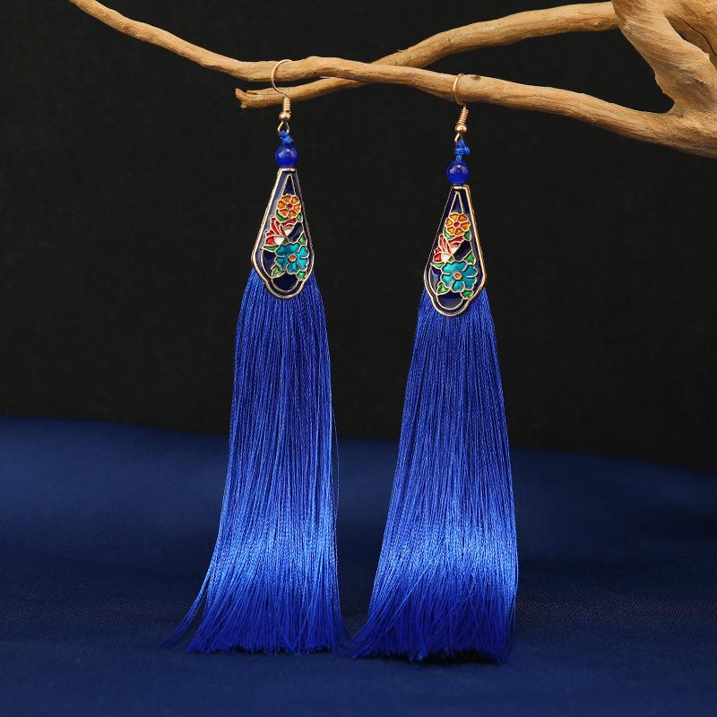 Medium cloisonne long fringed earrings retro temperament versatile cheongsam earrings Chinese earrings women