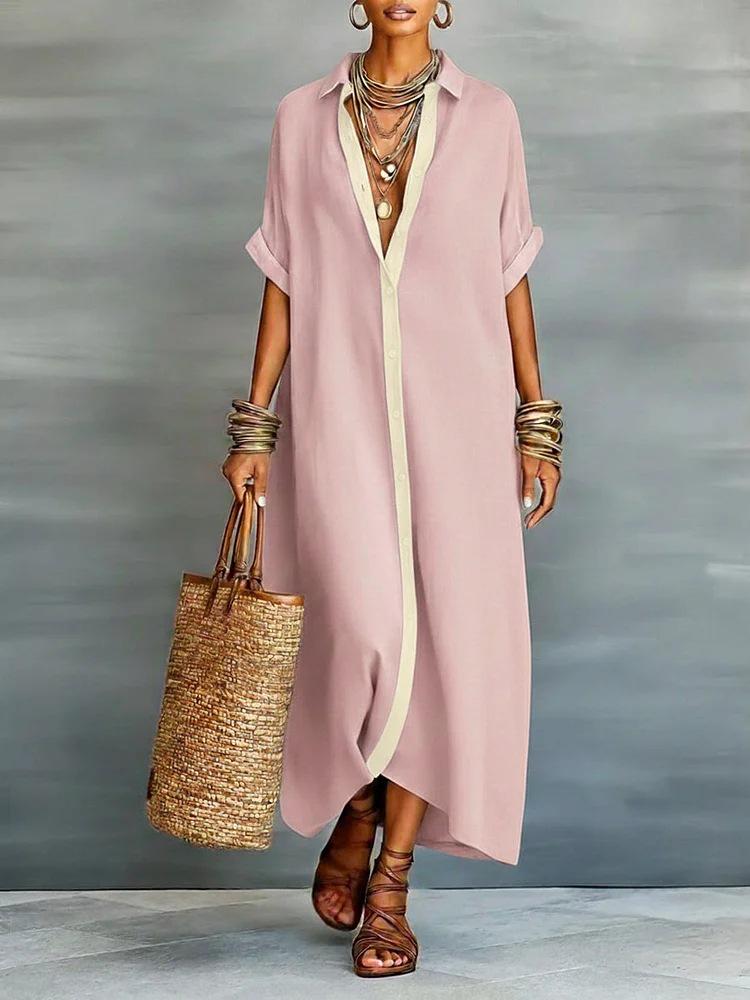 Spring 2026 Women's Color-block Cotton Linen Shirt Dress