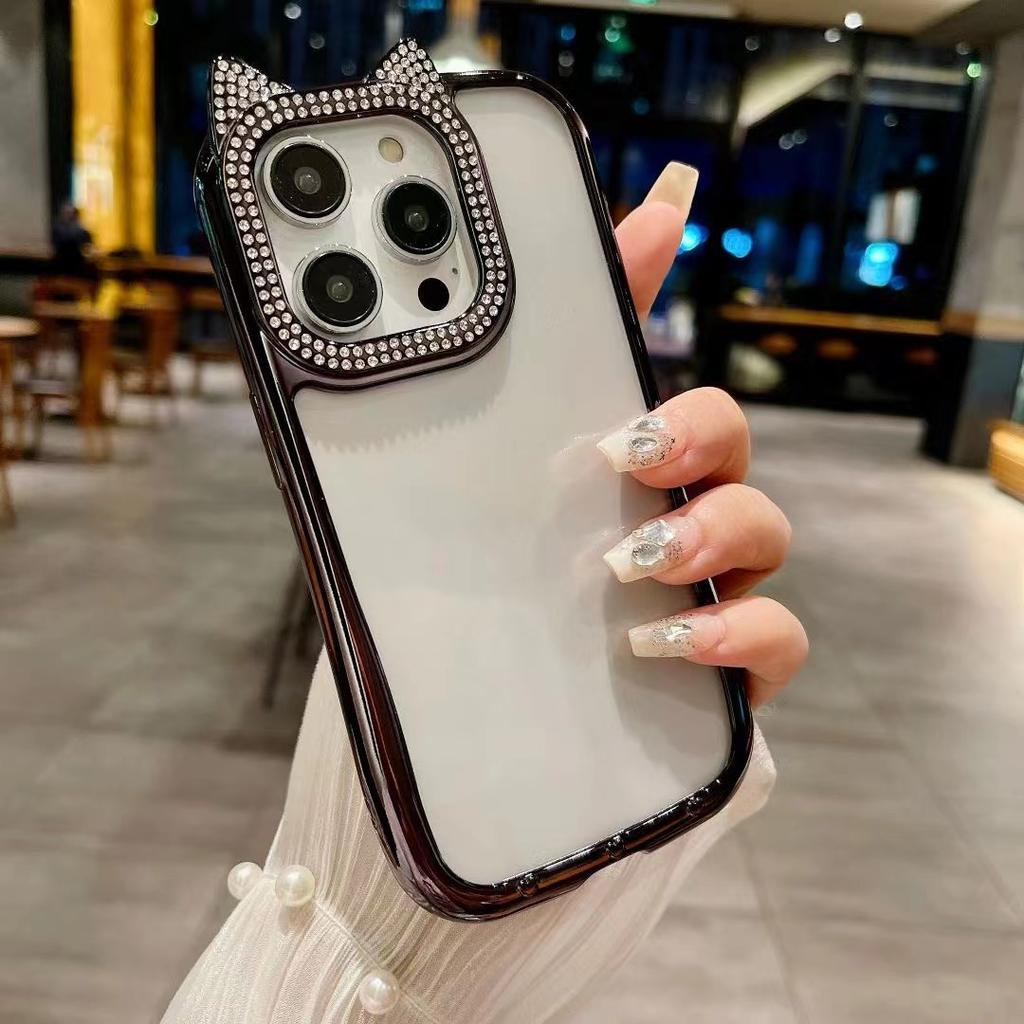 Diamentowe Uszy Kota Odpowiednie do Etui na Telefon IPhone16 Gradientowy Brokatowy Puder Apple 15 All Inclusive 14ProMax Miękkie Etui 13
