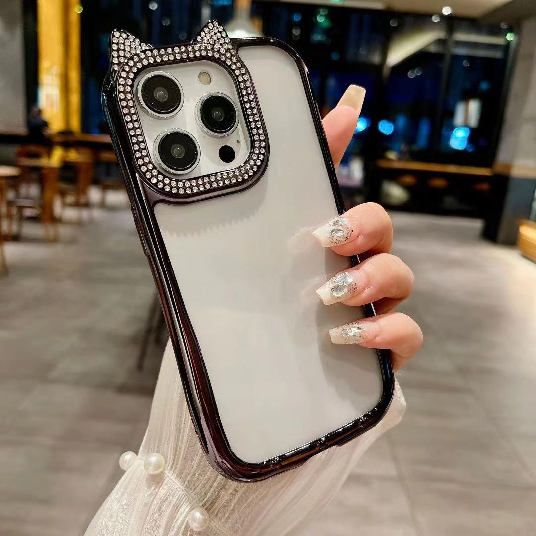 

Diamond Cat Ears Suitable for IPhone16 Mobile Case Gradient Glitter Powder Apple 15 All Inclusive 14ProMax Soft Case 13 iPhone12proMax