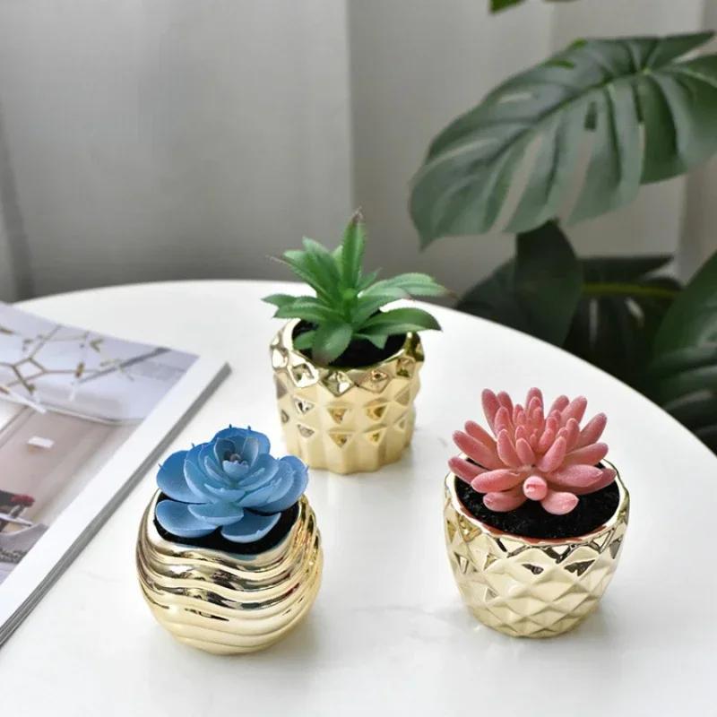 Electroplated Golden Ceramic Succulent Flower Pot Home Decor Horticultural Potted Creative Tabletop Plant Pots Floral Utensils