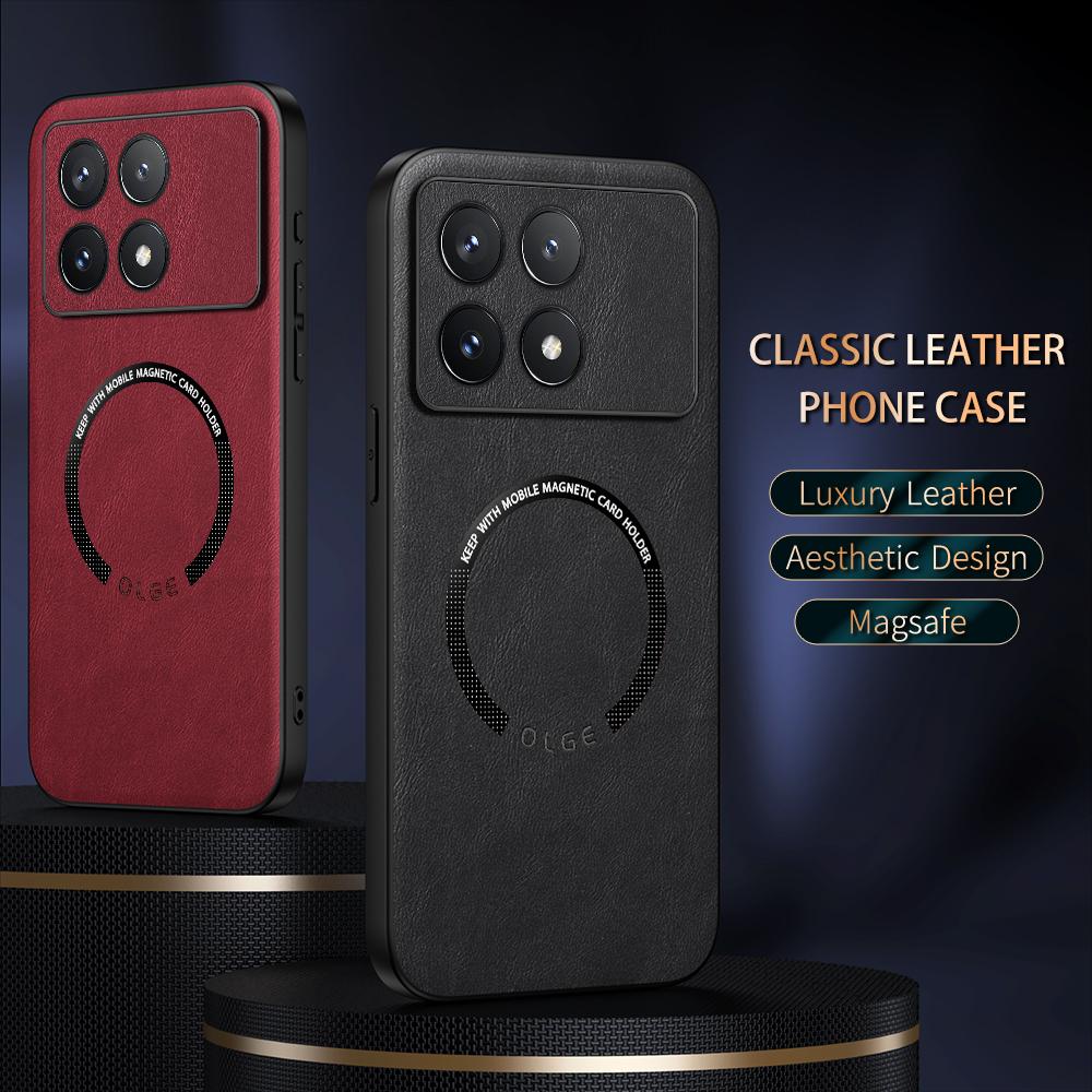 Luxury Leather Magnetic Magsafe Case for POCO X6 X5 Pro F5 Pro C65 M6 Car Mount Case Silicone Shockproof Full Protection Cover