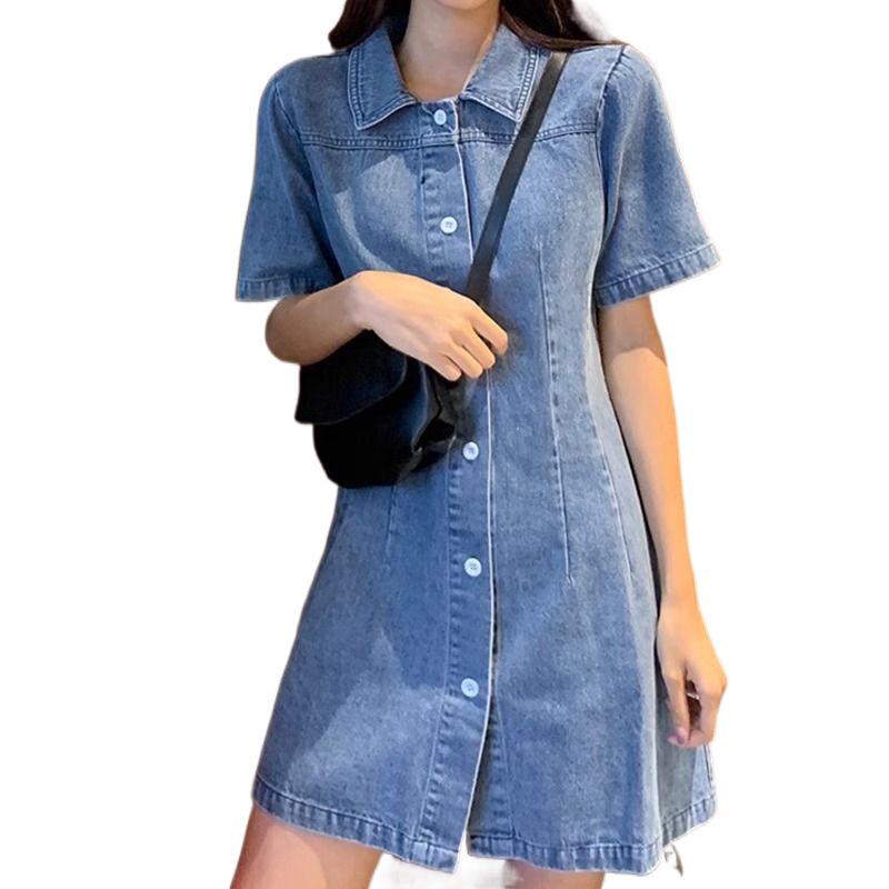 Women's Summer Plus Size Tummy-Control Denim Suspender Dress - Petite Fit with Age-Reducing Design