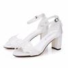Sandálias Femininas Verão Salto Alto Sapatos de Salto Femininos PU 7 CM Salto Quadrado Flor de Renda Branca Pérola de Unha Noiva Boca de Peixe Sapatos Femininos Marfim
