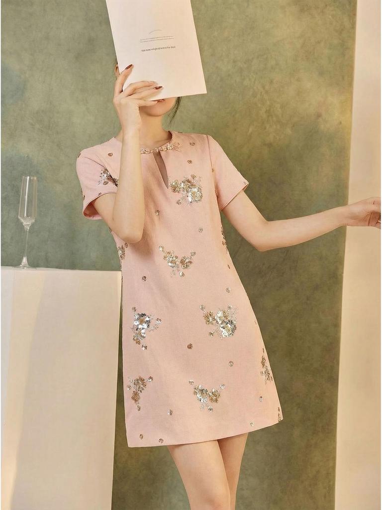Chinese National Style Embroidered Summer Dress with Beading In Floral A-line Design