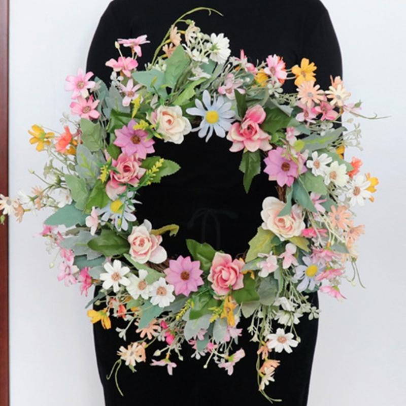 Corona de Flores Artificiales de Verano de 17.7 Pulgadas con Varios Tipos de Flores para Decoración de Puerta o Pared