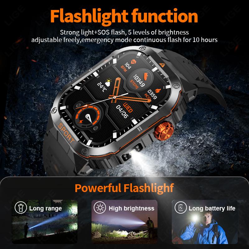 Military Flashlight Smart Watch Waterproof Heart Rate Fitness Sports Call Reminder Smartwatch For IOS Android Phone