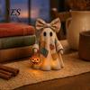 Warm Glow Decoration Light Halloween Lighted Patchwork Ghost Figurine, Light-Up Bow with Pumpkin Vintage Figurine Lantern, Ghosts Lamp for Holiday