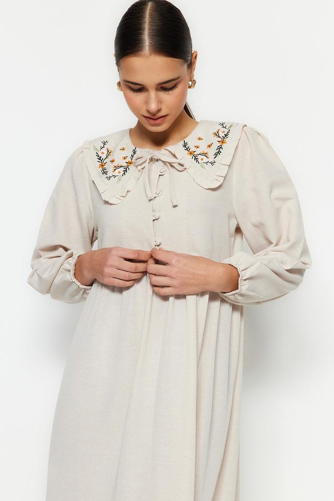 Women's Fashion New Hijab Dress Cinnamon Collar Embroidered Half Patch Linen Look Woven Dress