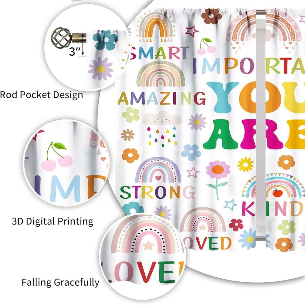 Rainbow Quote Curtains Kids Cartoon Cute Flowers Sun Lovely Inspirational Motivational Words Boys Girls Bedroom Window Polyester Decor Treatment