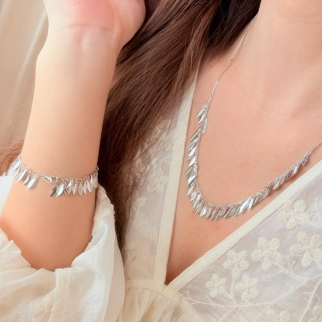 Elegant Women Jewelry Set Sparkling Leaf Necklace Fringe Bracelet Shining Dress Accessories