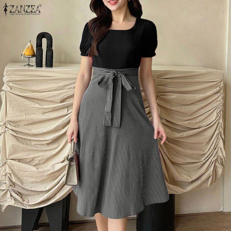 ZANZEA Women Casual Round Neck Short Sleeve Stripe Splice Dress