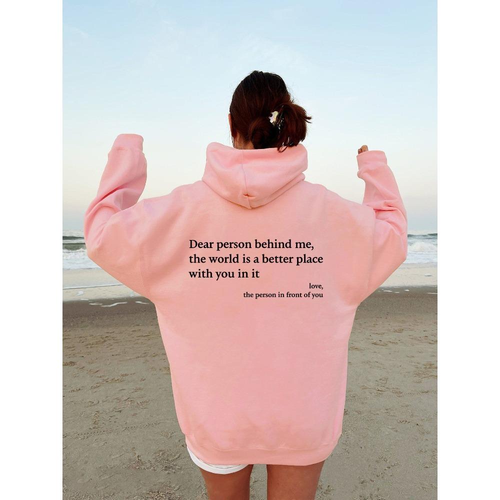 Women'S Shoulder Sleeve Fleece Sweater Plain Letter Print Kangaroo Pocket Drawstring Print Hoodie
