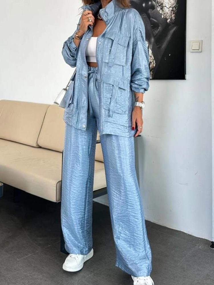 Women's Light Gray Suit Set with Wide Leg Pants, Stand Collar Jacket, White Crop Top, Casual Office Wear