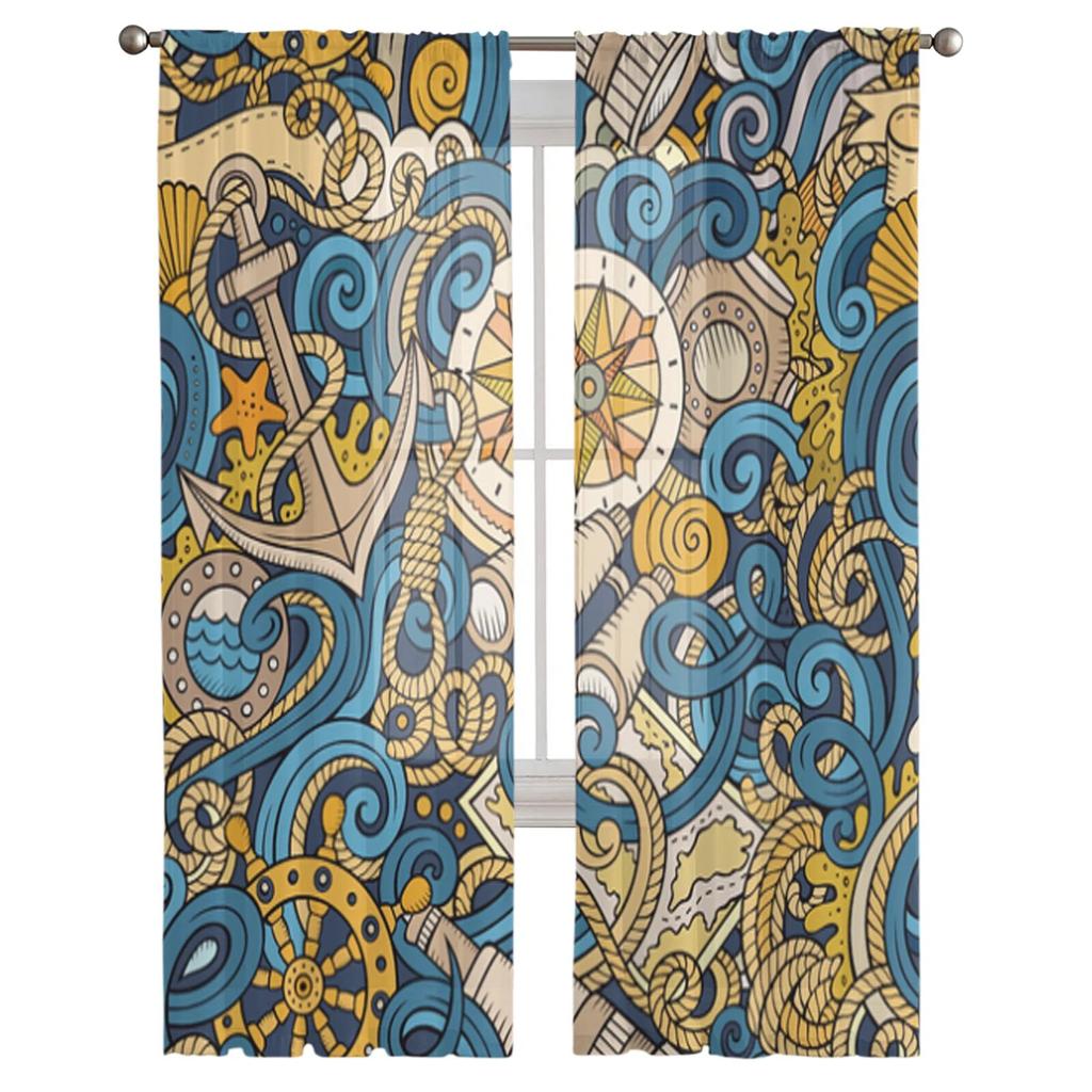 Cartoon Nautical Doodles przezroczyste zasłony do salonu przezroczysta tiulowa zasłona okienna sypialnia kuchnia Home Decor welon zasłony