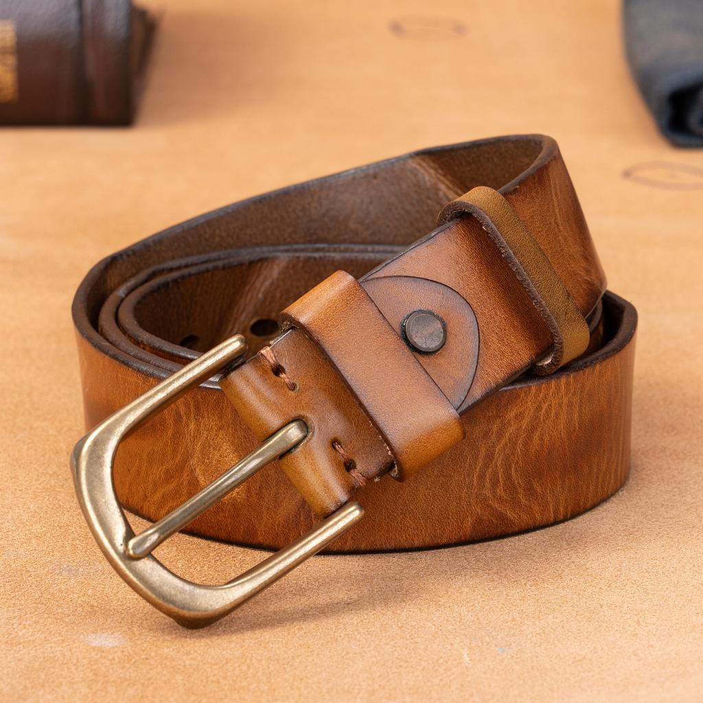 Men'S First-Layer Cowhide Belt Casual Simple Pin Buckle Leather Belt Business Middle-Aged And Young Solid Copper Buckle Belt Men