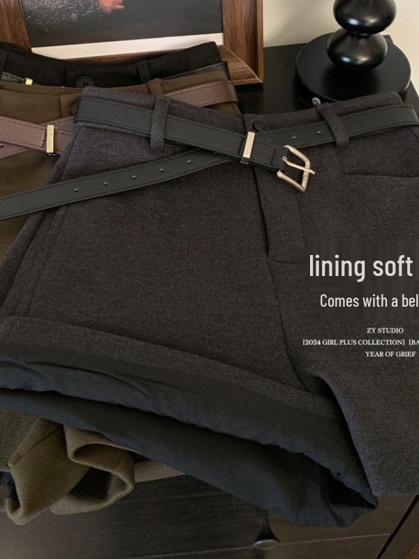 Gray Wool Blend High-Waisted Wide-Leg Shorts for Women - Autumn/Winter Versatile Outerwear