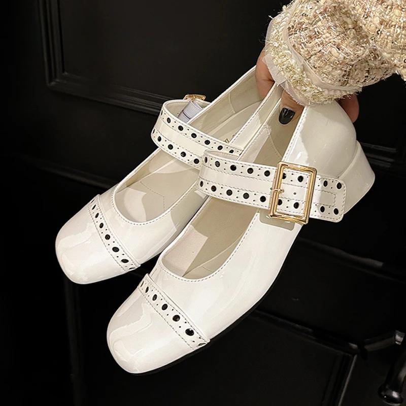 Fashion High Quality Patent Leather Woman Pumps Mary Jane Shoes Japanese Style Lolita Ankle Buckle Square Toe High Heels Zapatos Mujer