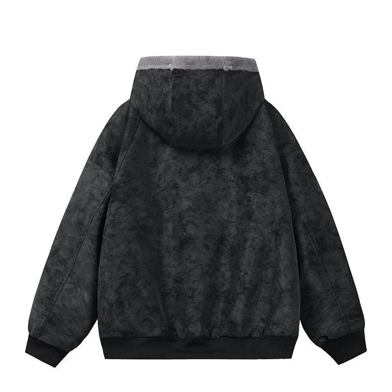 Zuo Shan Diao Winter Leather Jacket with Fur Collar - Couple Style, Plush Velvet, Thickened Cotton, Lychee Pattern