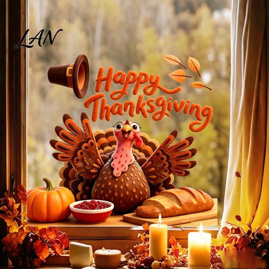 Easy Apply Window Paster Autumn Thanksgiving Turkey Static Sticker, Decorative Removable PVC Decals, Harvest Festival Art Theme Wall Clings for Indoor