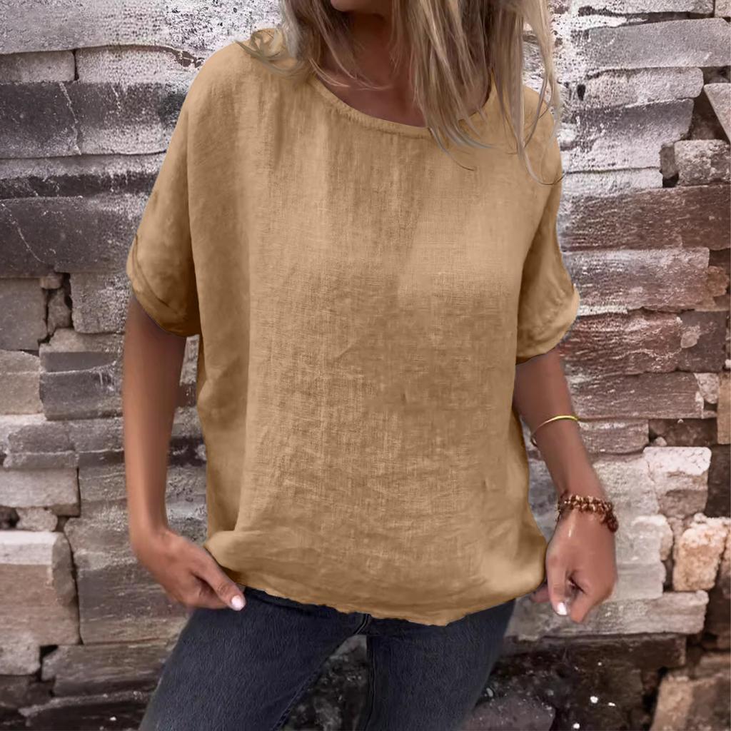 Damen Neu Rundhals Mittellange Ärmel Baumwolle Leinen Locker T-Shirt Top