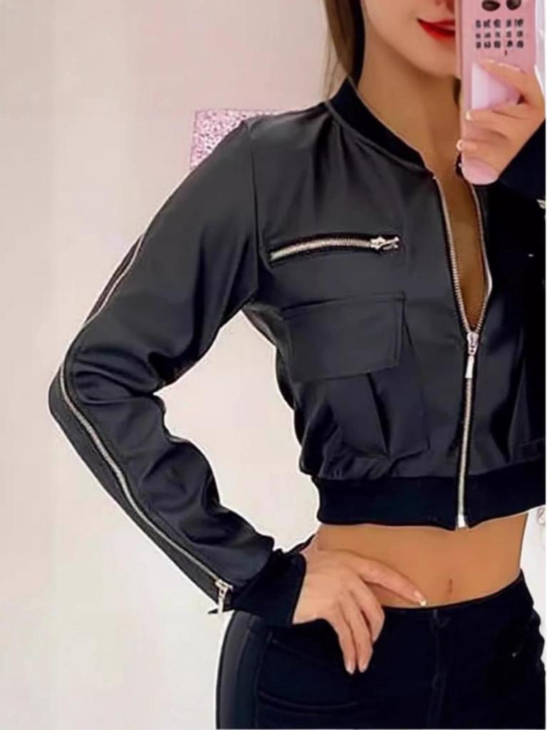 Trendy 2024 Black PU Zipper Short Jacket for Women - European & American Style