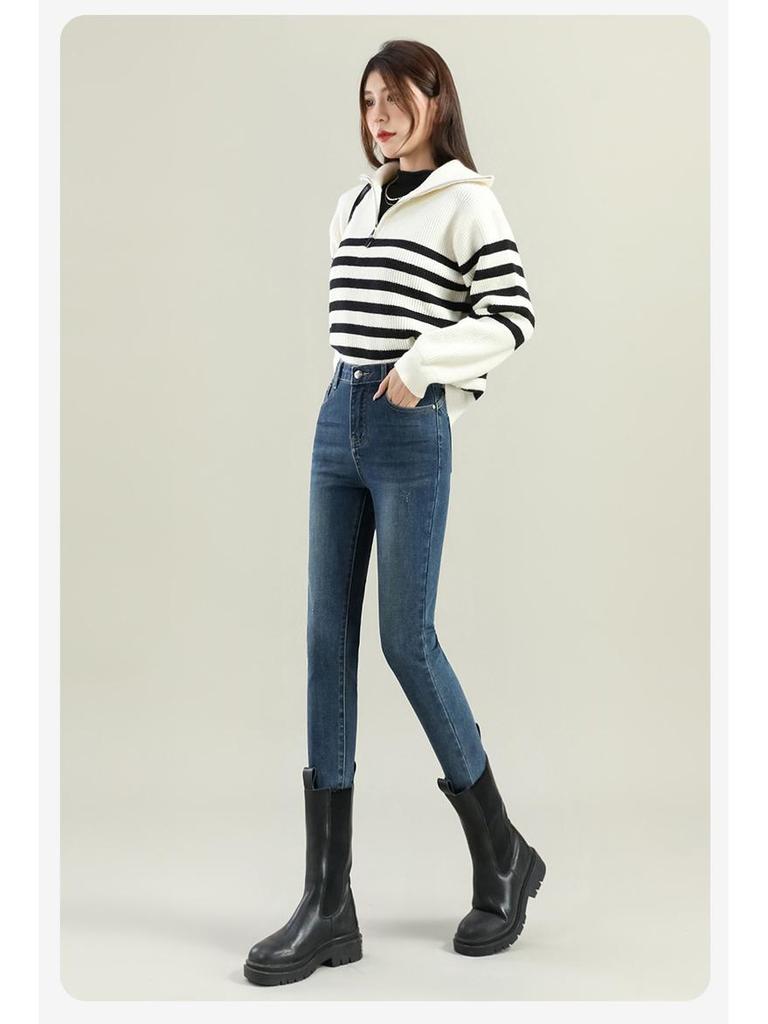 Women's Dark Blue Fleece-Lined Skinny Jeans - 2025 Winter Slim Fit, Thickened, Tight-Fitting, Show-Thin Pencil Pants for Boots