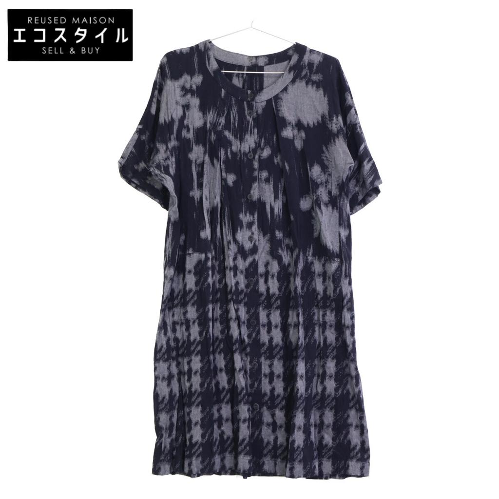 Haat HA03FT673 Navy x Gray All-Over Print Short Sleeve Collarless Shirt Dress dress 2 Black GreyUsed
