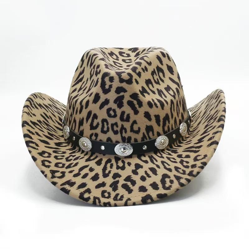 

Fashion Leopard Print Cowboy Hat Western Outdoor Big Head Autumn and Winter Jazz Cap French Retro British Felt Top Hats білий