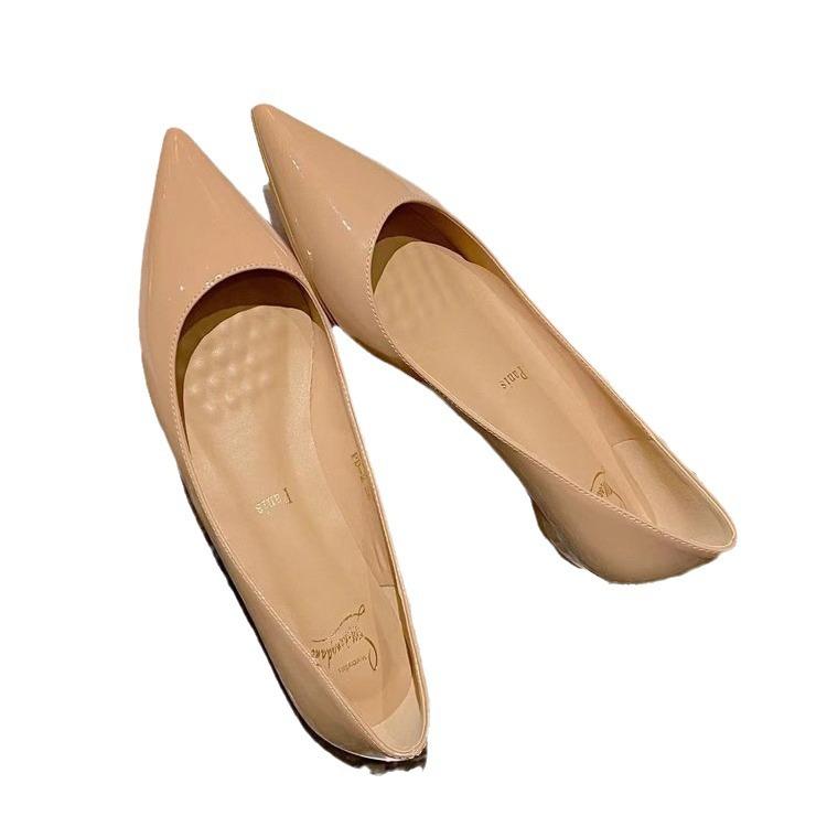 Ziyan Nude Single Shoes Women's Patent Leather 2025 Summer New Red-soled Shoes Temperament Shallow Mouth Pointed Flat Shoes Inner Height Increase