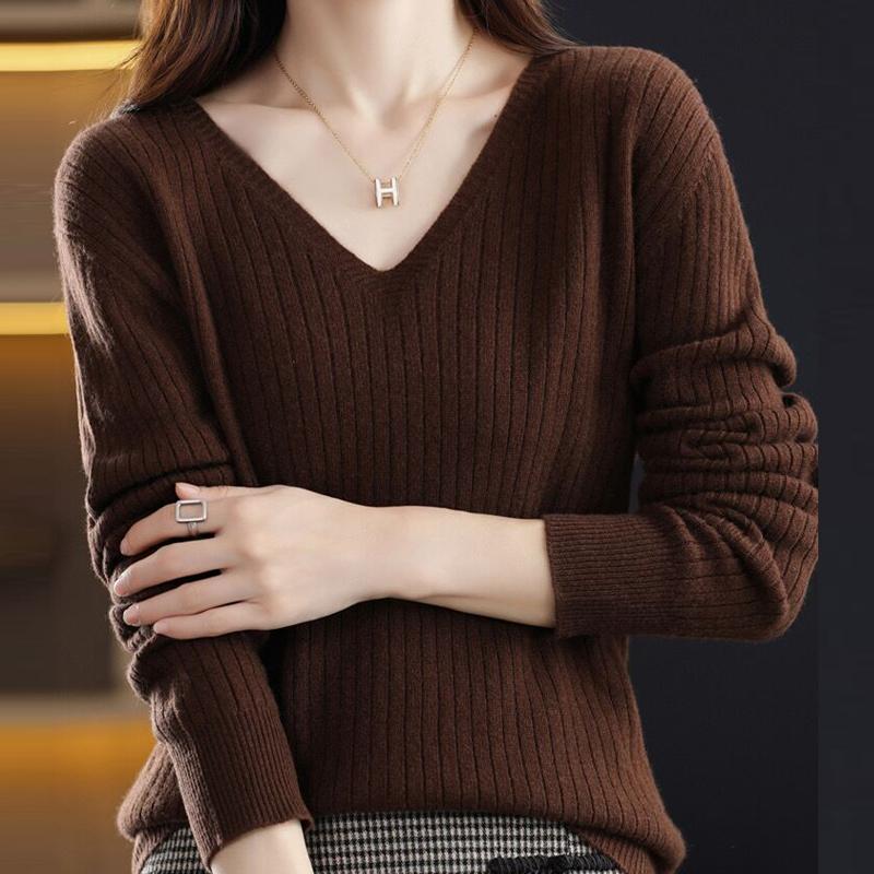 

Slim Fit Женские пуловеры свитера топы осень и зима новый V-образный вырез вязаный свитер длинный рукав однотонный трикотаж одежда 28502 XXL темно-коричневого