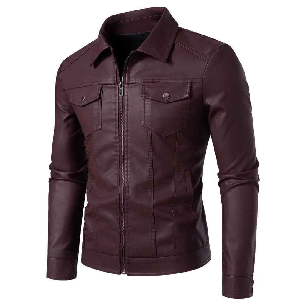 Men's Fleece-Lined PU Leather Motorcycle Jacket, Korean Style, for Spring, Autumn, and Winter.
