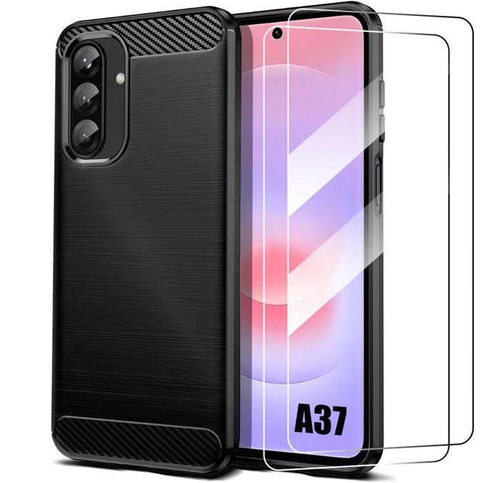 Coque pour Samsung Galaxy A37 5G, Silicone Anti-Rayures Motif Fibre Carbone Noir - 2 Verres Trempés