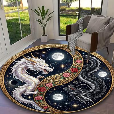 1pc YIN YANG Evil Dragon Rug, Comfortable Printed Home Round Carpet, Cozy Office Chair Rug
