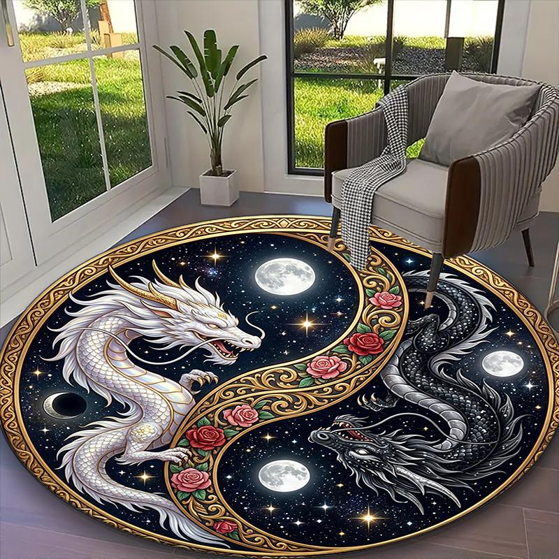1pc YIN YANG Evil Dragon Rug, Comfortable Printed Home Round Carpet, Cozy Office Chair Rug