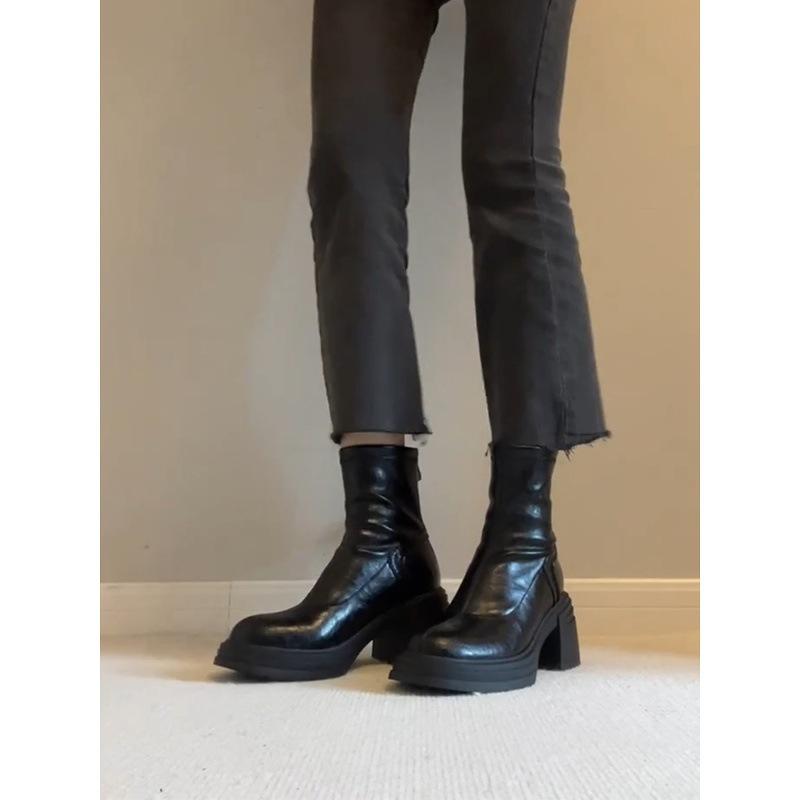 Cowhide version~ retro leather short boots thick-soled heightening Martin boots women's simple rear zipper thick heel retro thin boots